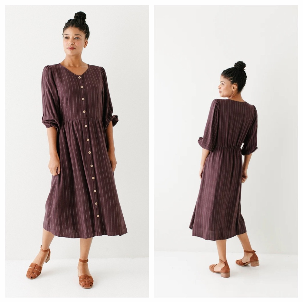 Women's Plum Button-Front Midi Dress with Subtle Stripes